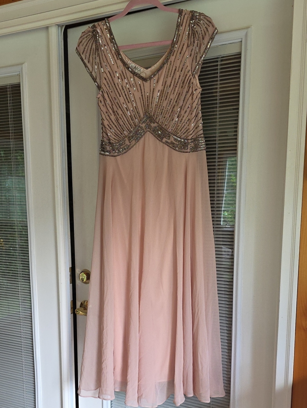 JKara Formal Embellished V-Neck Maxi Dress in Blush Pink